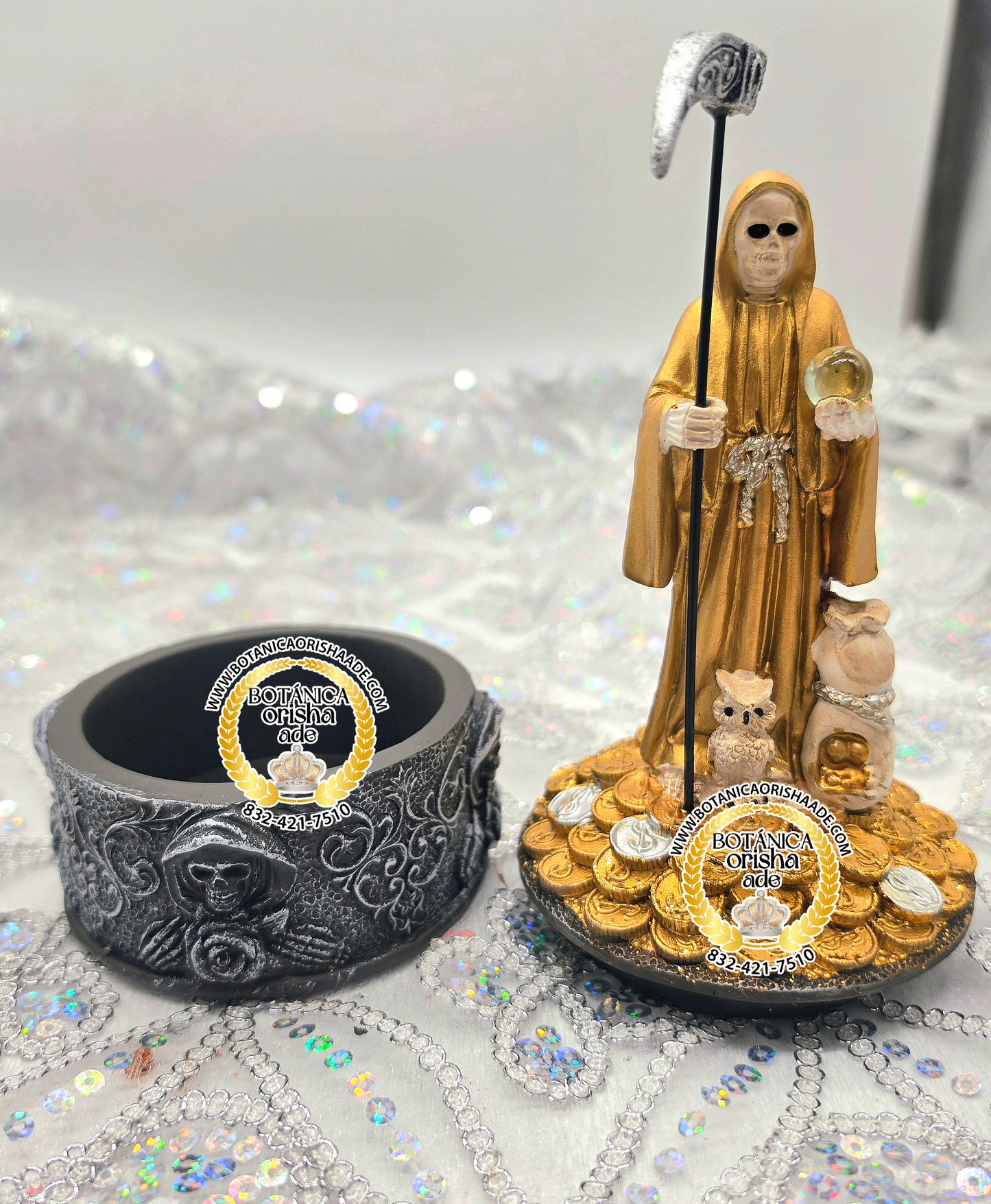ESTATUA DE LA SANTA MUERTE DORADA 8"