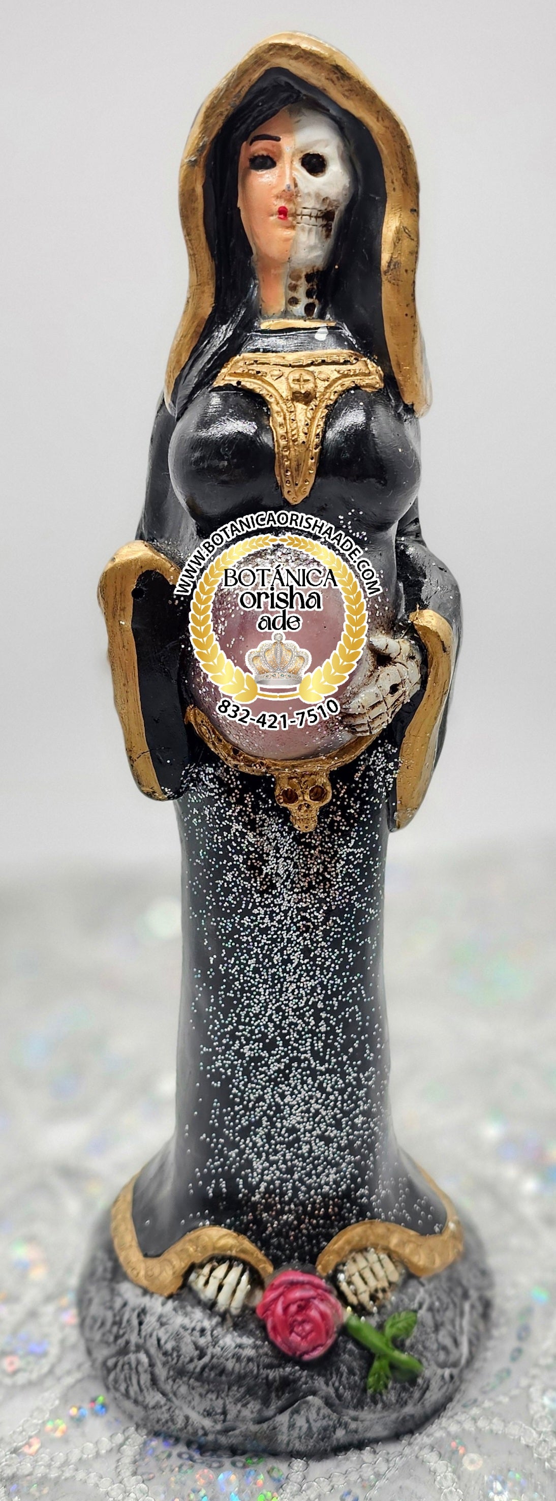 ESTATUA DE LA SANTA MUERTE EMBRAZADA NEGRA