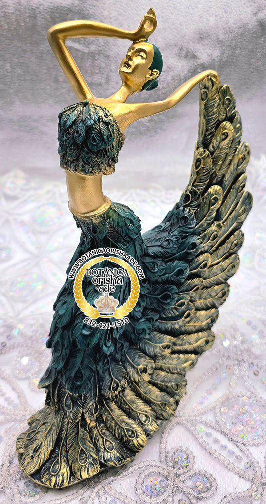 ESTATUA DE BAILARINA CON PLUMA DE PAVO REAL 11"