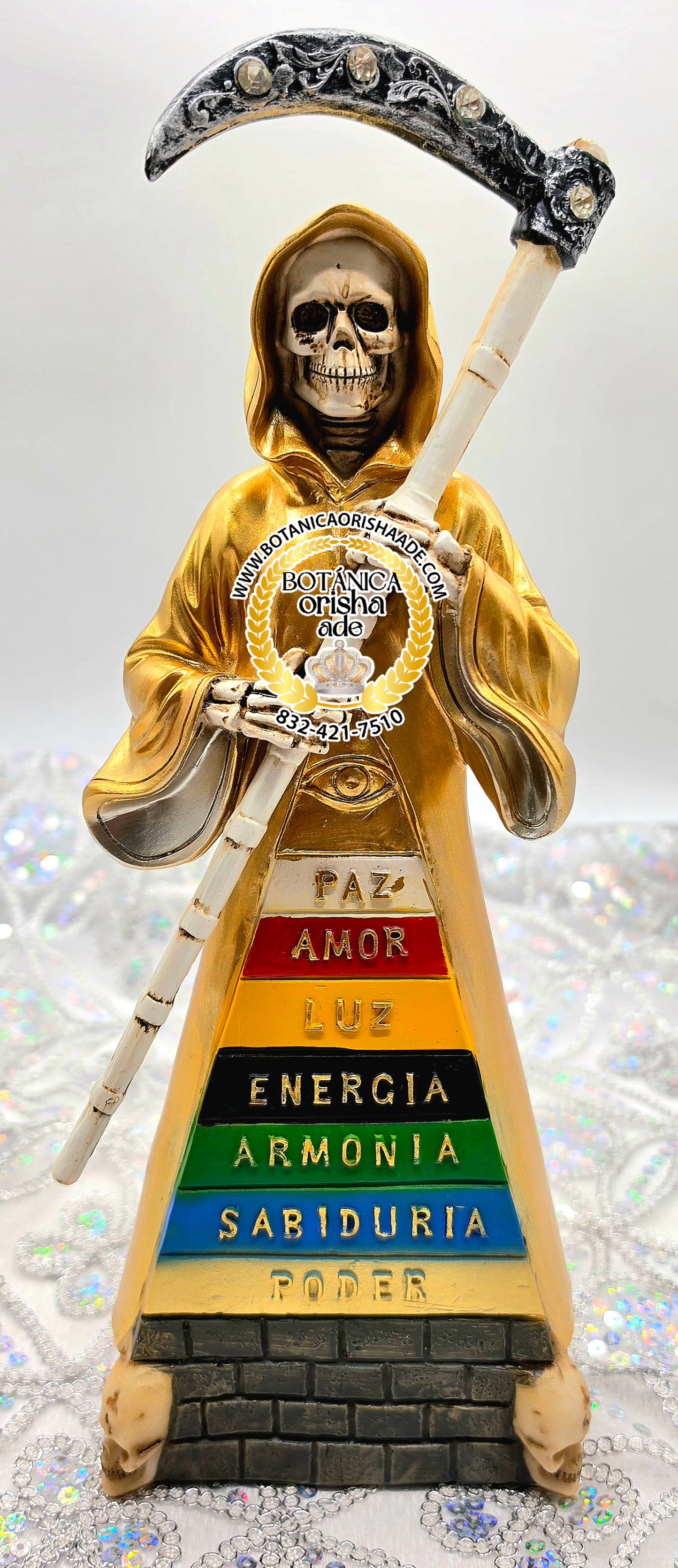 PYRAMIDE SANTA MUERTE DE ORO CON 7 POTENCIAS 12'