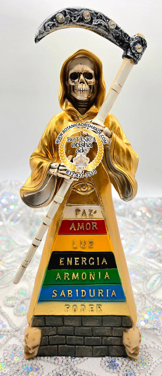 PYRAMIDE SANTA MUERTE DE ORO CON 7 POTENCIAS 12'